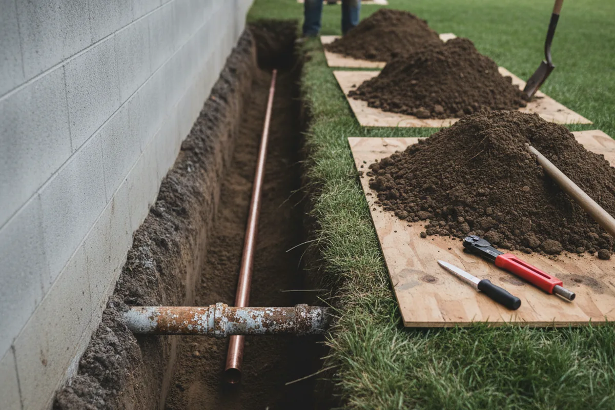 Excavated water line trench during Water Heater Repair in Askov